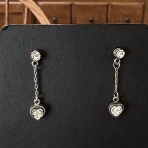Vintage 1990s Heart Drop Earrings Silver Tone With Clear Crystals